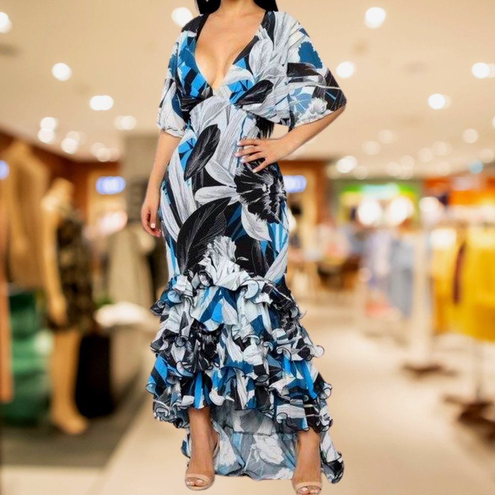 Blue and White Chiffon Ruffle Vacation Dress